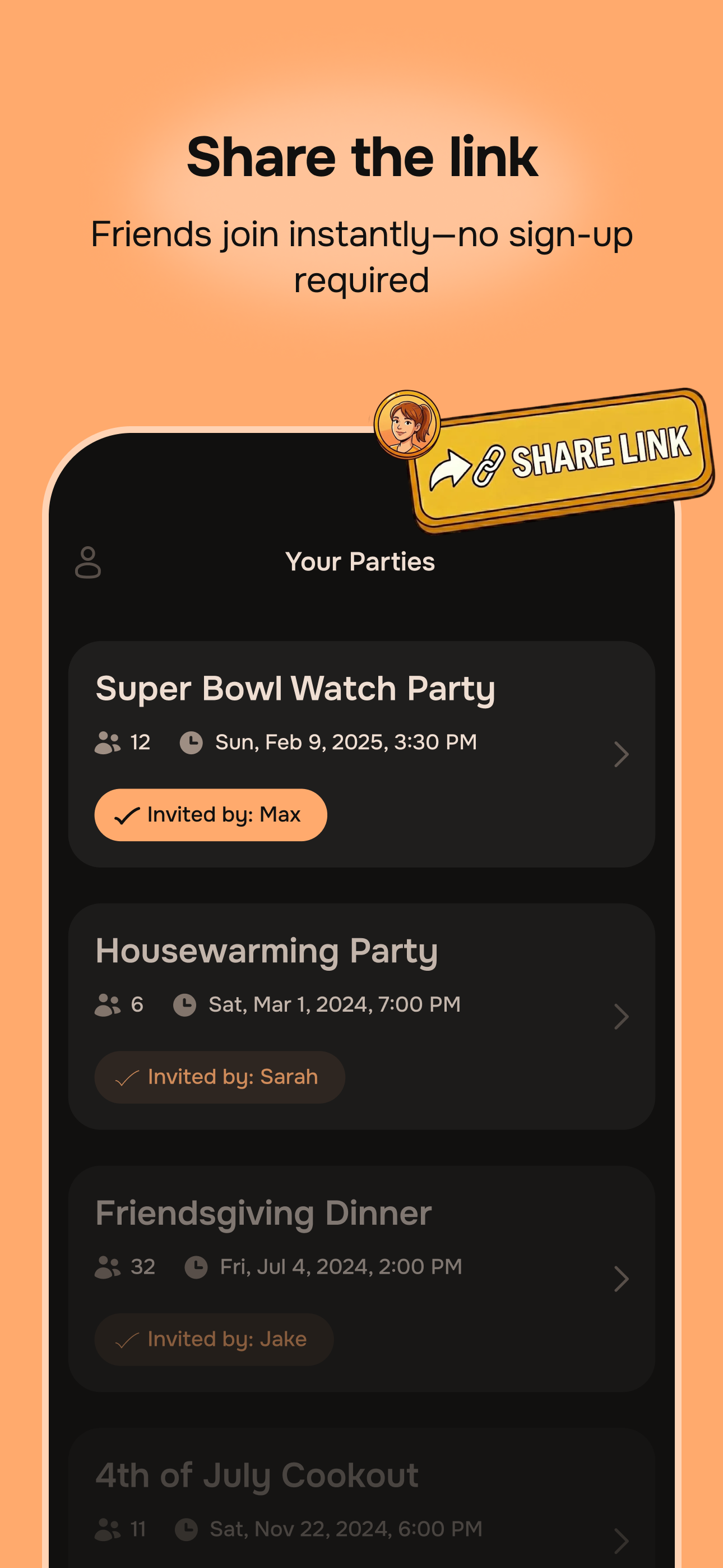 YoBring event planning app — item list with claimed items
